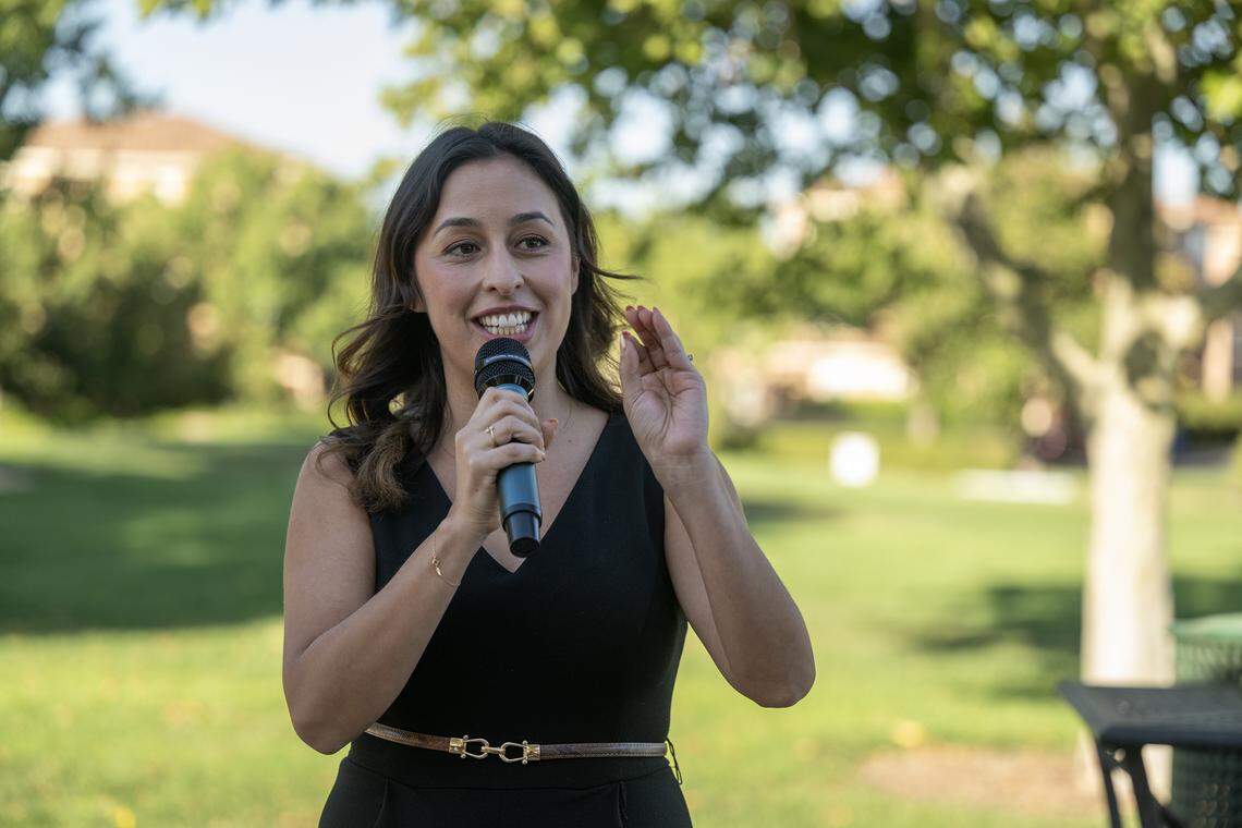 Sacramento City Councilmember Karina Talamantes speaks to Natomas residents opposing the Upper Westside development at Westlake Community Park in August. 