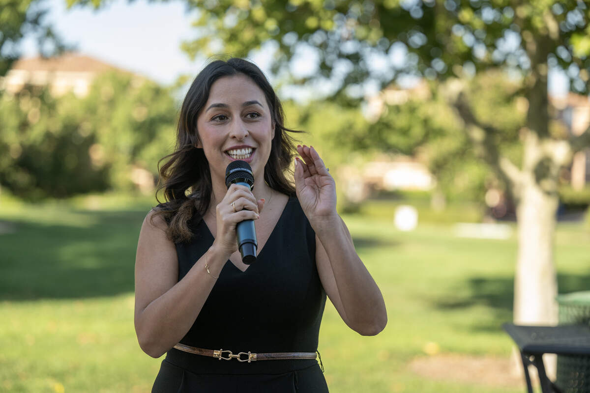 Sacramento City Councilmember Karina Talamantes speaks to Natomas residents opposing the Upper Westside development at Westlake Community Park in August.