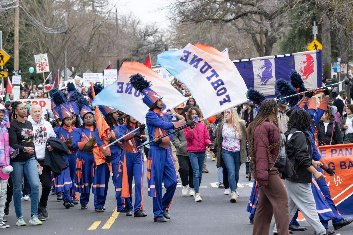 The Fortune School marching band performs on Freeport Boulevard in Sacramento on Monday, Jan. 15, 2023, during the MLK365 March for the Dream honoring Martin Luther King Jr.