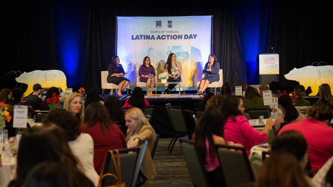 Nora Vargas, left, Ana Lasso, center, Cynthia Moeno, and moderator Sonja Diaz on the Leading with Hope panel, on Tuesday, April 25, 2023, at the Latina Action Day Conference at the SAFE Credit Union Convention Center in Sacramento.
