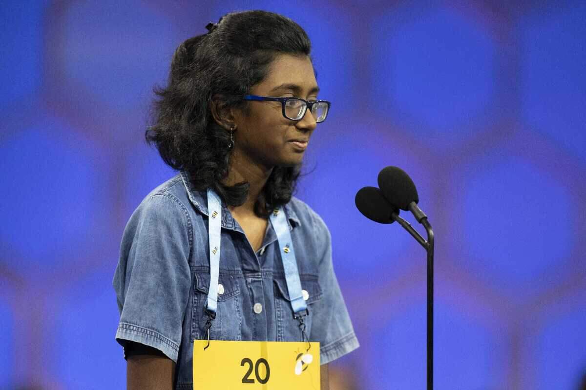 Speller 20 Nithika Rangan, representing TCG Memorial Academy, competes in the quarterfinals of the 2024 Scripps National Spelling Bee in National Harbor, Md., on May 29.