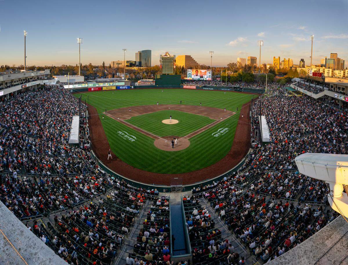 Fans pack Sutter Health Park in West Sacramento for an exhibition game between the Giants and their Triple-A affiliate team, the Sacramento River Cats, on March 25. The Giants return to face the A’s for a three-game series starting this Friday.