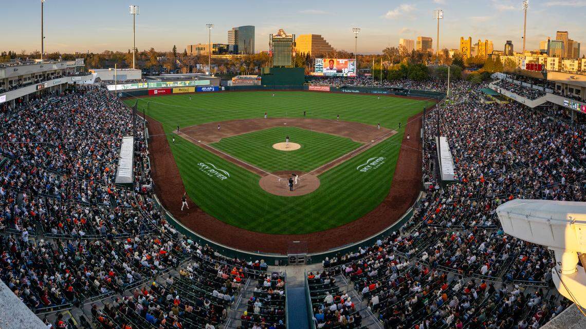 Fans pack Sutter Health Park during an exhibition game between the San Francisco Giants and the Sacramento River Cats on Sunday, March 23, 2025 in West Sacramento. The A’s will play their first home game in the venue next Monday, with resale tickets currently among most expensive in MLB for home-opening series.