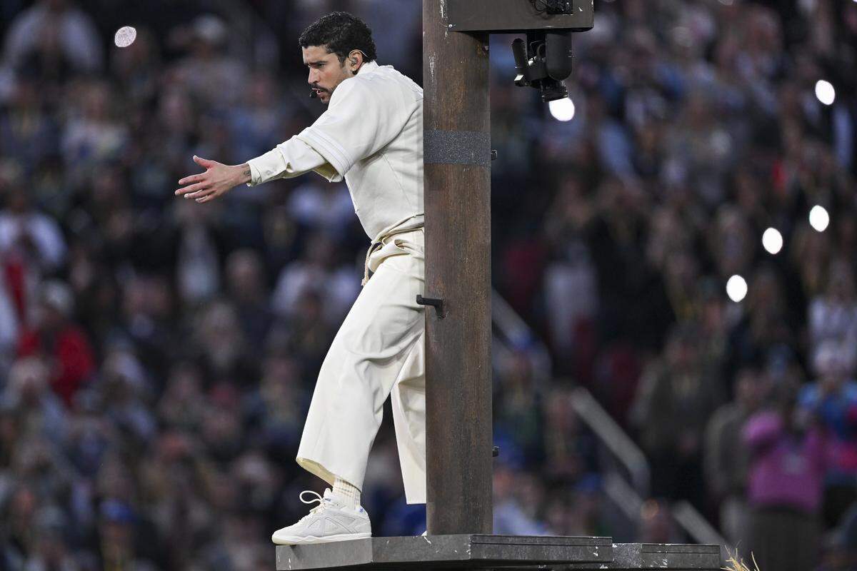 Bad Bunny performs “El Apagón” during the Super Bowl LX Halftime Show at Levi’s Stadium in Santa Clara on Sunday, Feb. 8, 2026.