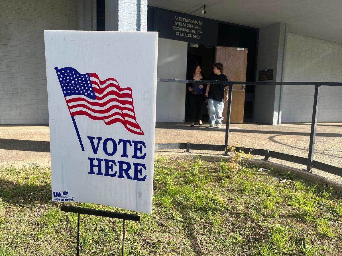 Voters exit the Veterans Memorial Community Building in Yuba City, the seat of Sutter County, on Election Day in 2024.