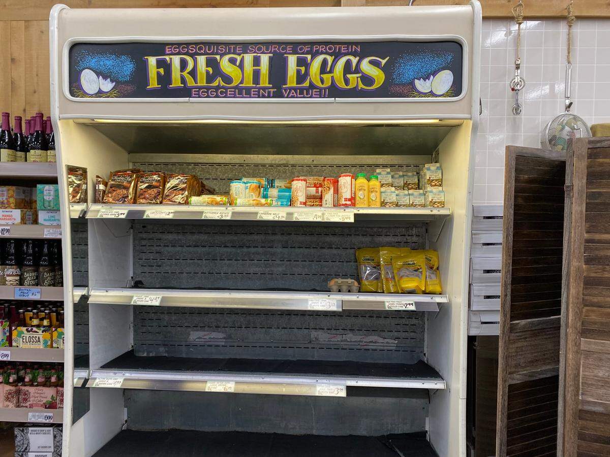 The egg case sits empty at Trader Joe’s in East Sacramento on Monday, January 9, 2023. A nation-wide egg shortage has caused California egg prices to surge, and customers often can’t find a dozen for under $5.