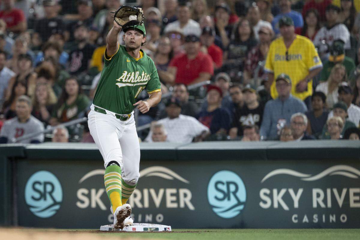Athletics first base Nick Kurtz (16) catches a ball during a game between the Athletics and the Red Sox at Sutter Health Park in West Sacramento on Monday, Sept. 8, 2025.