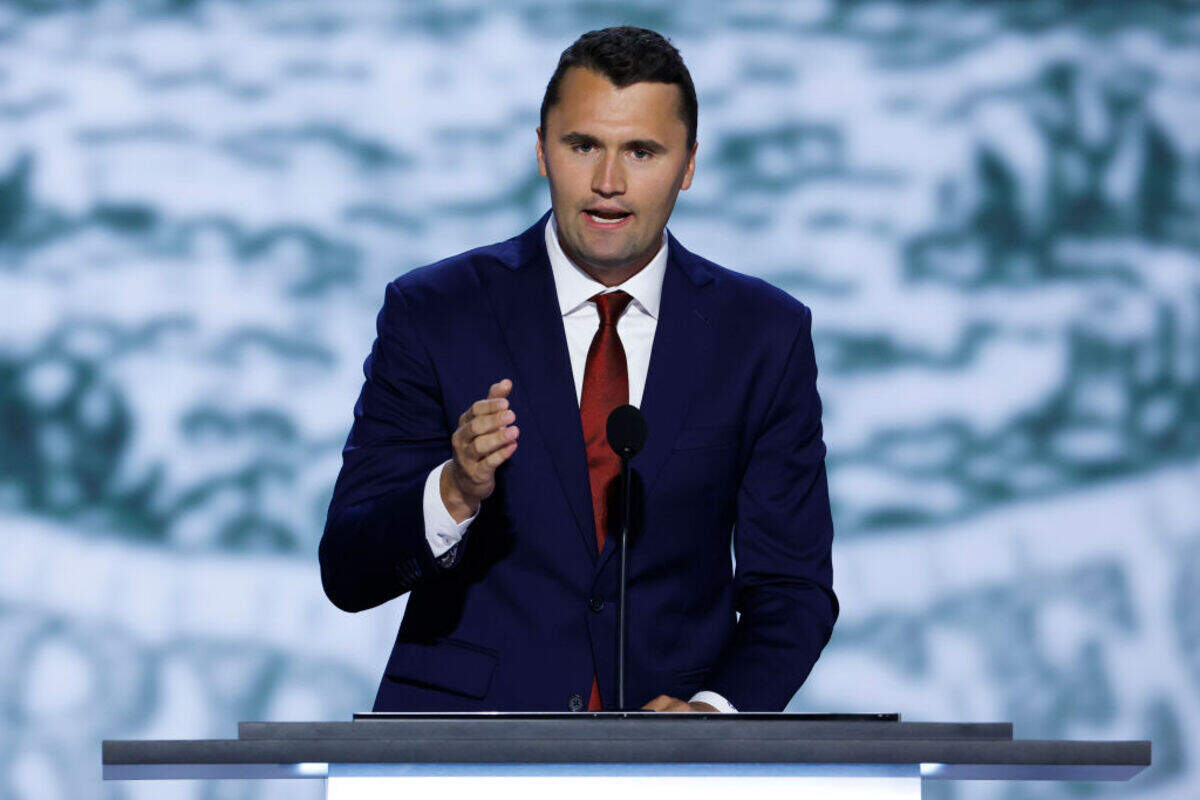 The late CEO of Turning Point USA Charlie Kirk speaks on stage on the first day of the Republican National Convention at the Fiserv Forum on July 15, 2024 in Milwaukee, Wisconsin.