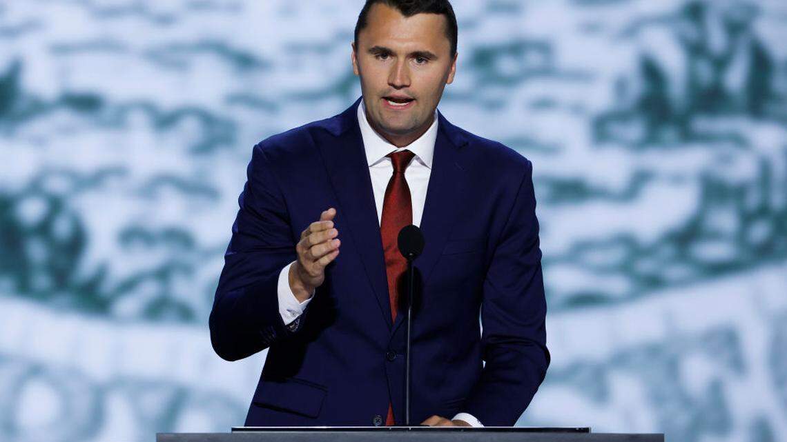 The late CEO of Turning Point USA Charlie Kirk speaks on stage on the first day of the Republican National Convention at the Fiserv Forum on July 15, 2024 in Milwaukee, Wisconsin.