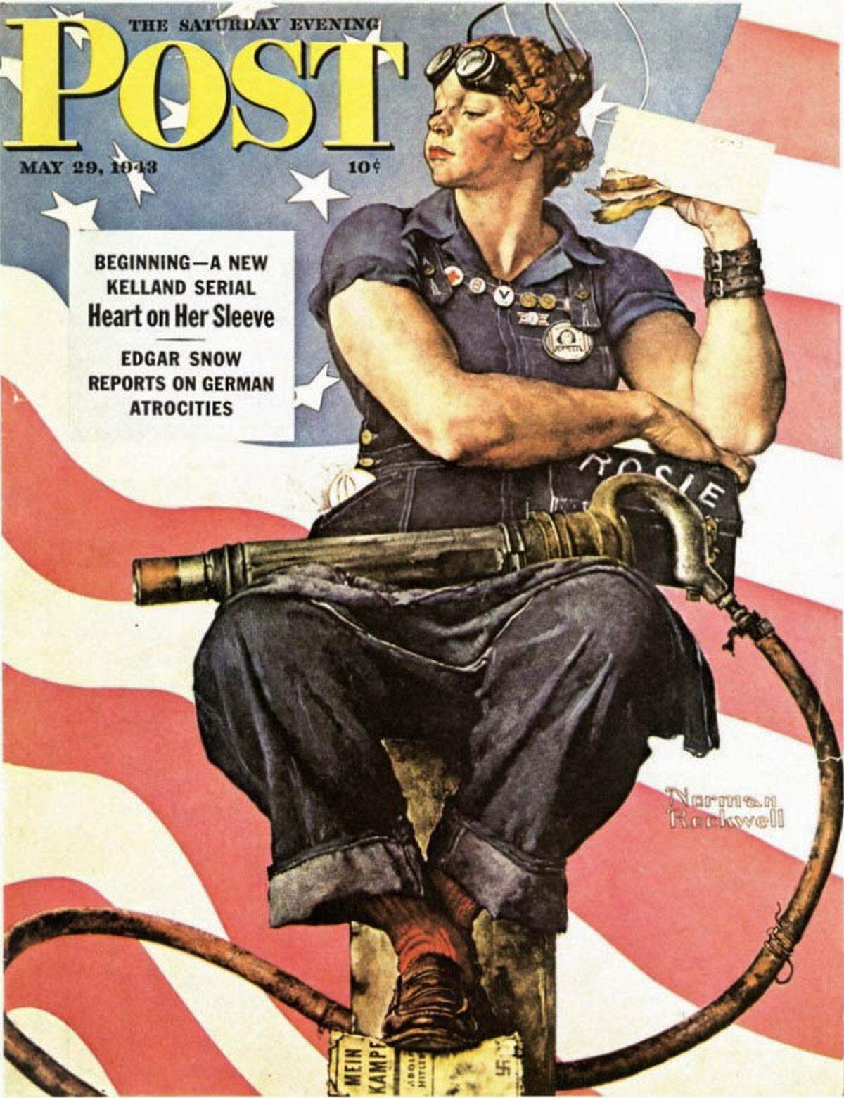The Norman Rockwell illustration on the cover of a 1943 Memorial Day issue of the Saturday Evening Post depicts Rosie the Riveter.