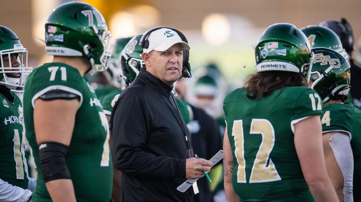 Sacramento State Hornets head coach Troy Taylor looks downfield during the 2022 Causeway Classic college football game against the UC Davis Aggies at Hornet Stadium in Sacramento. ESPN reported Taylor, who became Stanford’s head coach after 2022, has been investigated twice for “concerning behavior” including bullying female staffers.
