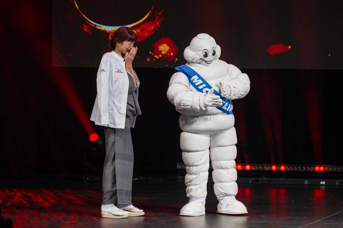 More Nozomi, chef at Nozomi Mori in Los Angeles, cries after receiving her recognition at the Michelin Guide California 2025 Ceremony on Wednesday, June 25, 2025, at the SAFE Credit Union Performing Arts Center.