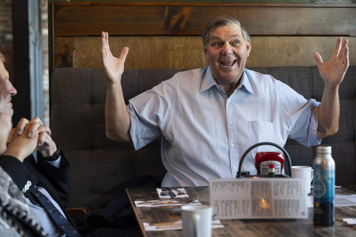 Former state legislator and former chairman of the California Republican Party Jim Brulte tells a story during a reunion for the California Assembly class of 1990 at Fox & Goose in Sacramento on Wednesday.