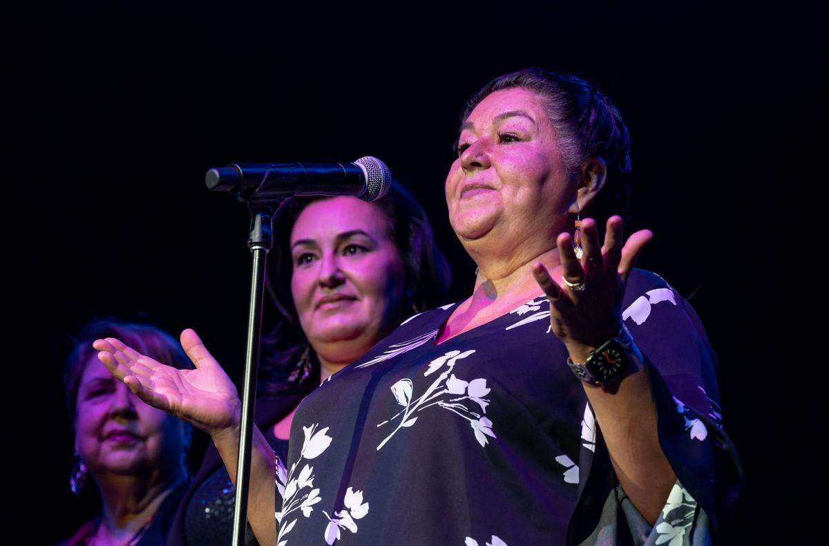 Glenda Nelson, tribal chairperson of the Estom Yumeka Maidu, addresses the crowd gathered at the internal VIP grand opening of the Hard Rock Live venue on May 26. Beside her, from left, are Tribal Council members Cindy Smith and Armida Rosalez.