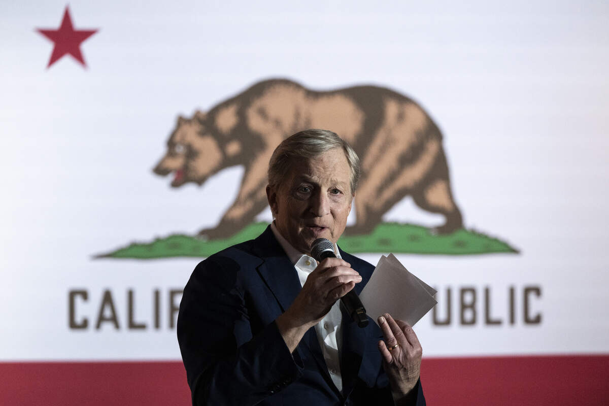 Democratic governor candidate Tom Steyer, a billionaire and entrepreneur, speaks during a campaign stop in Sacramento on Thursday, March 5.