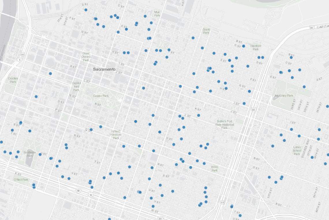 The blue dots represent active short-term rental permits in the city of Sacramento.