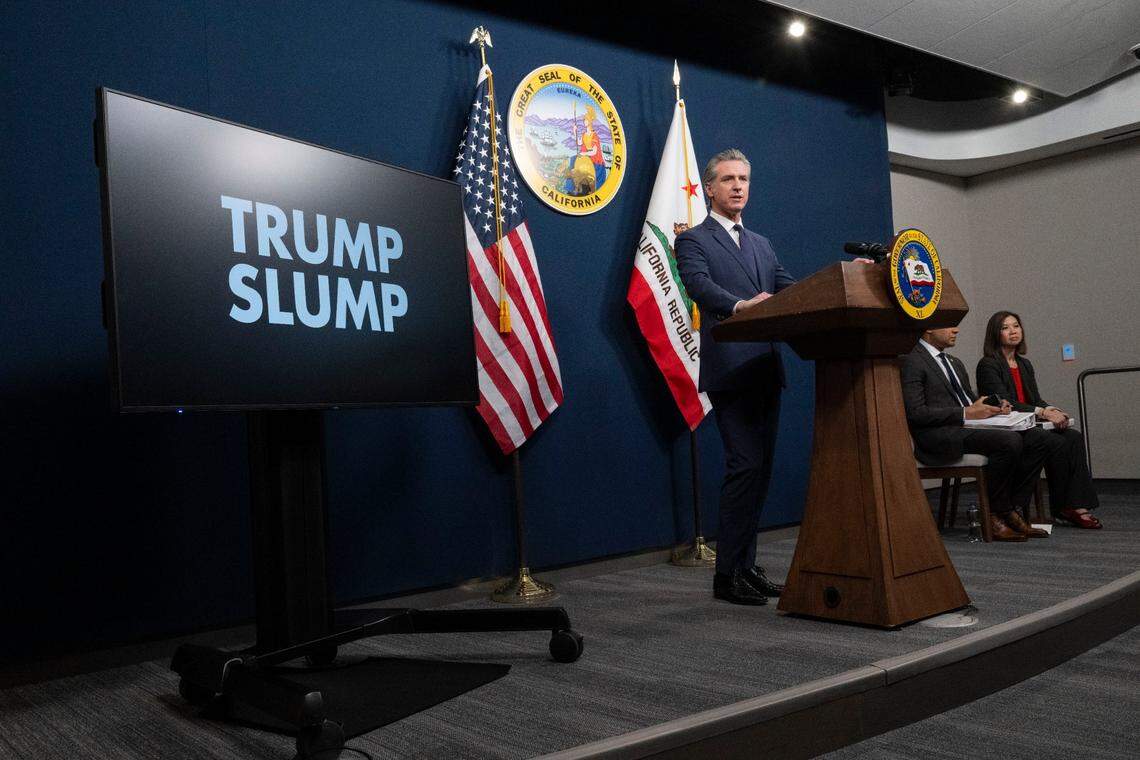 Gov. Gavin Newsom talks about what he calls a “Trump slump” during a presentation of his May revision to the state budget on Wednesday, May 14, 2025 in the Capitol Swing Space.