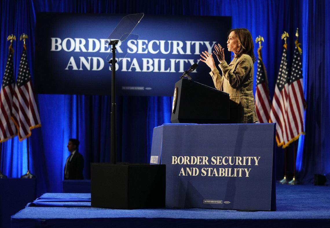 Vice President Kamala Harris holds a campaign event near the U.S.-Mexico border at Cochise College's Douglas Campus on Sept. 27, 2024, in Douglas.