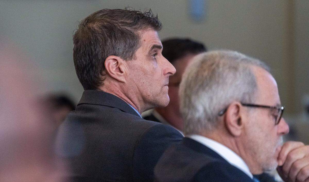 Daniel Serafini, the former major league baseball player accused in a deadly shooting, listens to closing arguments with his attorney David Dratman Tuesday, July 8, 2025, in Placer Superior Court in Auburn. The jury found him guilty on July 14, 2025.