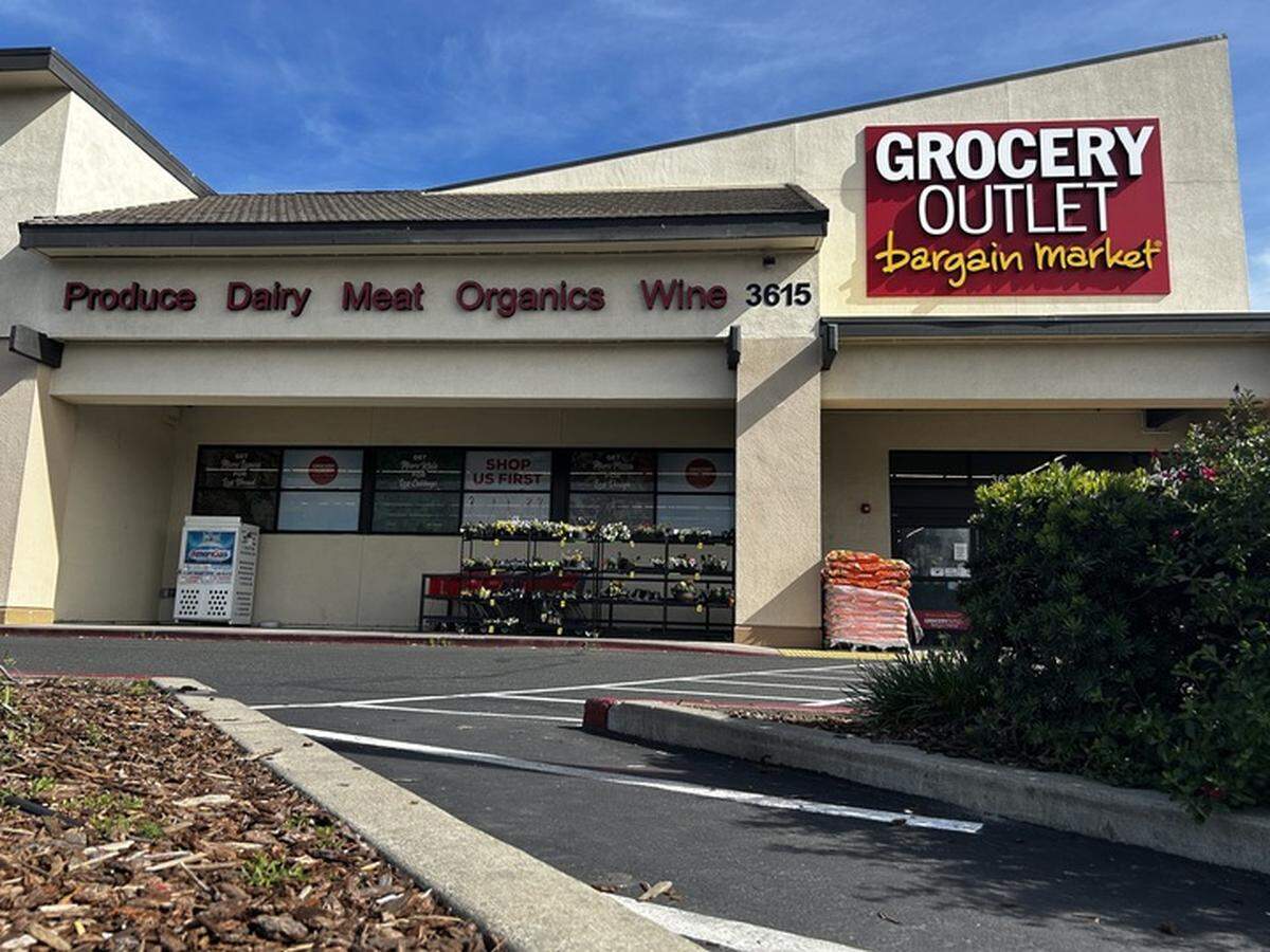 An exterior view of Grocery Outlet Bargain Market grocery store located at 3615 Bradshaw Road in Sacramento, California.
