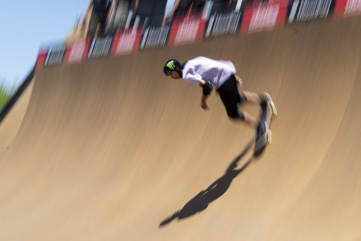 Moto Shibata, of Japan, competes in the Moonpay Men’s Skateboard Vert final as a part of X Games Sacramento at Cal Expo in Sacramento on Sunday, June 28, 2026.