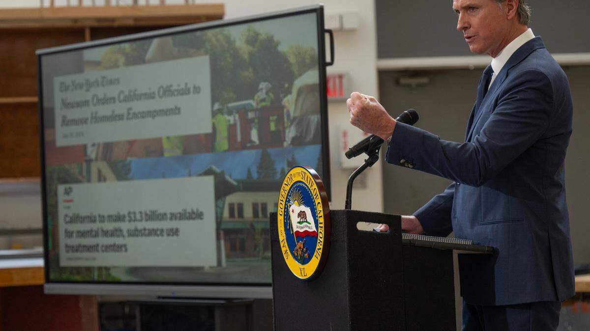 Gov. Gavin Newsom unveiled a new website for accountability on homelessness, housing, and behavioral health at a California Jobs First press conference at California State University, Stanislaus, where he previewed budget toplines in Turlock, CA, on Monday, Jan. 6, 2025.