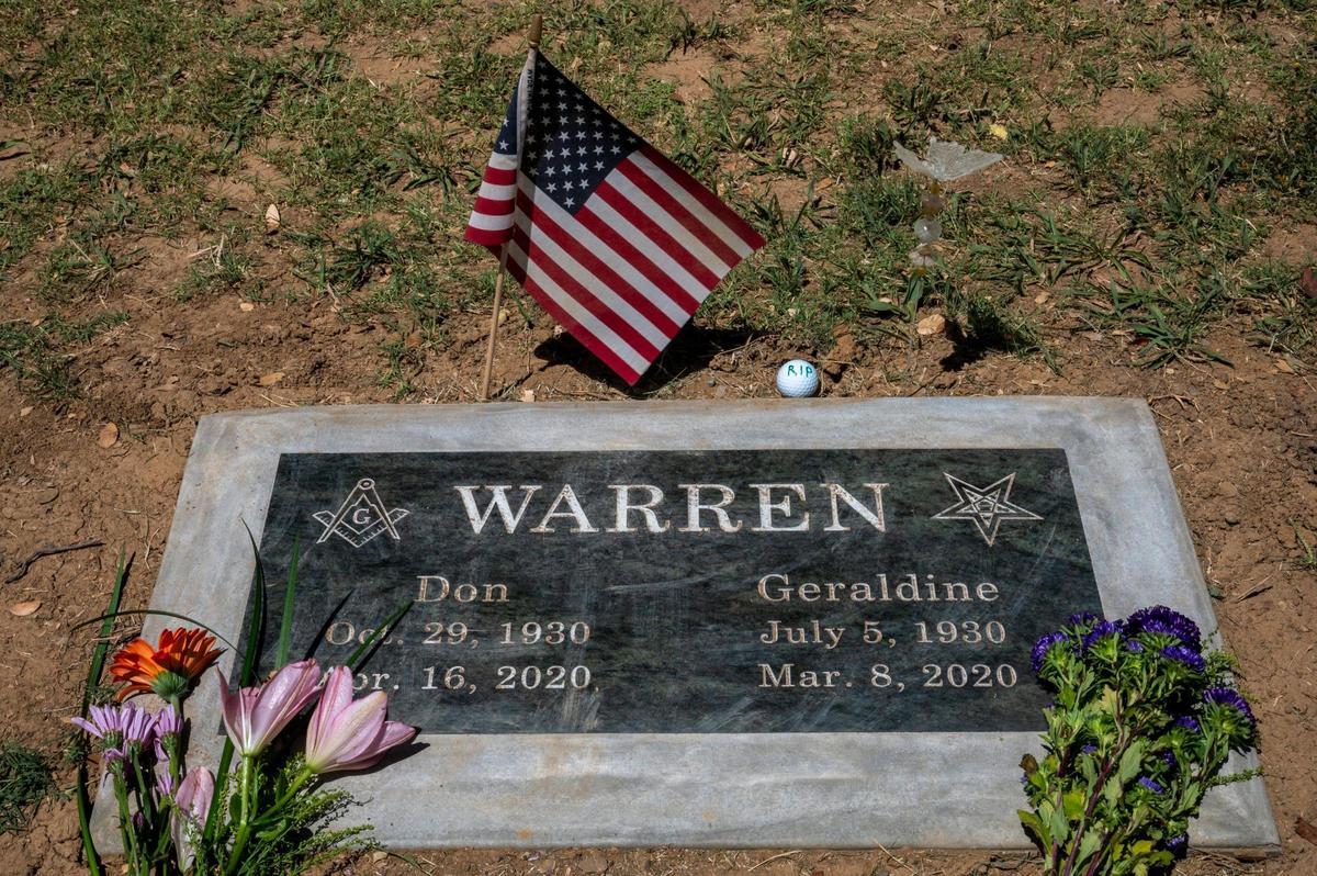 The shared headstone of Don and Geraldine “Gerry” Warren is seen at the Capay Cemetery in Esparto on Thursday, July 9, 2020. High school sweethearts who were married 71 years, they both died died earlier this year at the Stollwood Convalescent Hospital in Woodland. Don died from COVID-19 complications less than a month after his wife died from complications of Alzheimer’s.