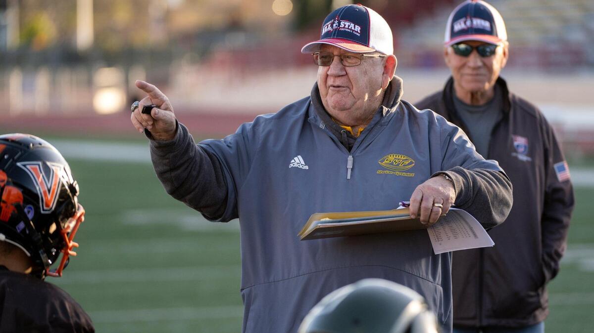 South head coach Max Miller leads practice at Hughes Stadium in Sacramento, on Tuesday, Jan. 17, 2023. Miller will lead the team during the 63rd Optimist All-Star Football Classic, a charity game for local senior stars.