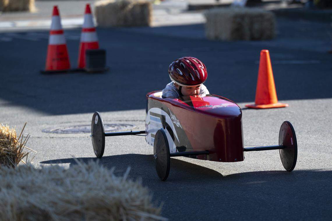 Ben Bakker, 8, races during a stock class race as a part of the Folsom Historic District’s All-American Soap Box Derby in Folsom on Sunday, Oct. 5, 2025.