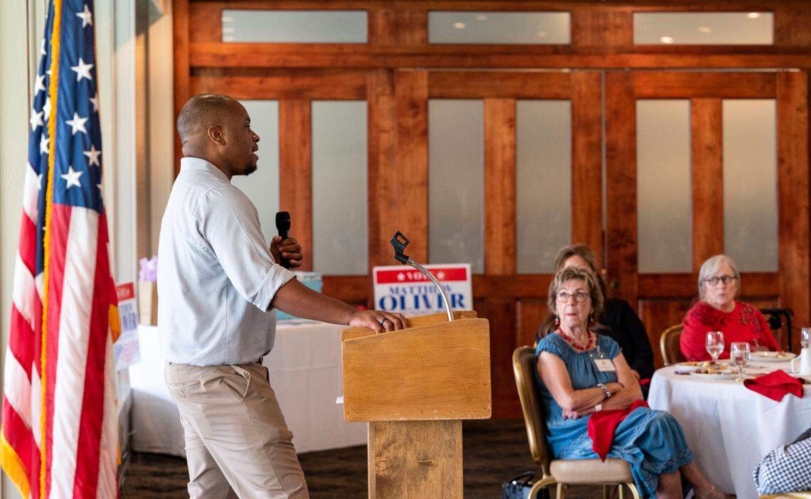 Jason Walker, a community services officer at the Placer County Sheriff’s Office who is running for the Dry Creek Joint Elementary School District school board, speaks at a brunch event put on by the South Placer Republican Women Federated earlier this month in Roseville.