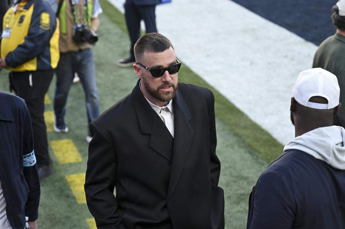 Kansas City Chiefs star Travis Kelce on the sidelines before the start of Super Bowl LX at Levi’s Stadium in Santa Clara on Sunday, Feb. 8, 2026.