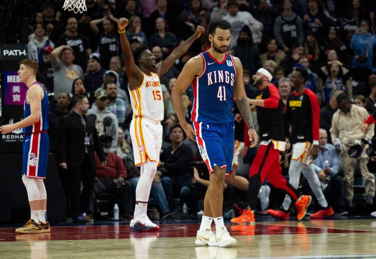 Sacramento Kings forward Trey Lyles (41) reacts after Sacramento Kings guard De’Aaron Fox (5) was blocked and Atlanta Hawks center Clint Capela (15) reacts for the 109-108 win during an NBA game at Golden 1 Center on Monday, Nov. 18, 2024.