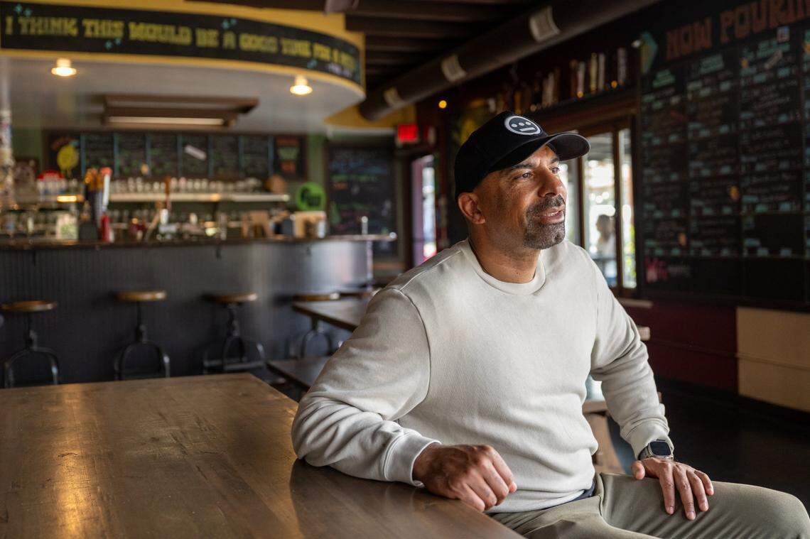 Sacramento restaurateur Rob Archie sits in his first restaurant, Pangaea Bier Cafe in Sacramento’s Curtis Park neighborhood, in February 2025. Since its 2008 opening, he’s been involved in a number restaurants and bars: Urban Roots Brewing & Smokehouse, Bawk, The Roost and Cervecería by Urban Roots.