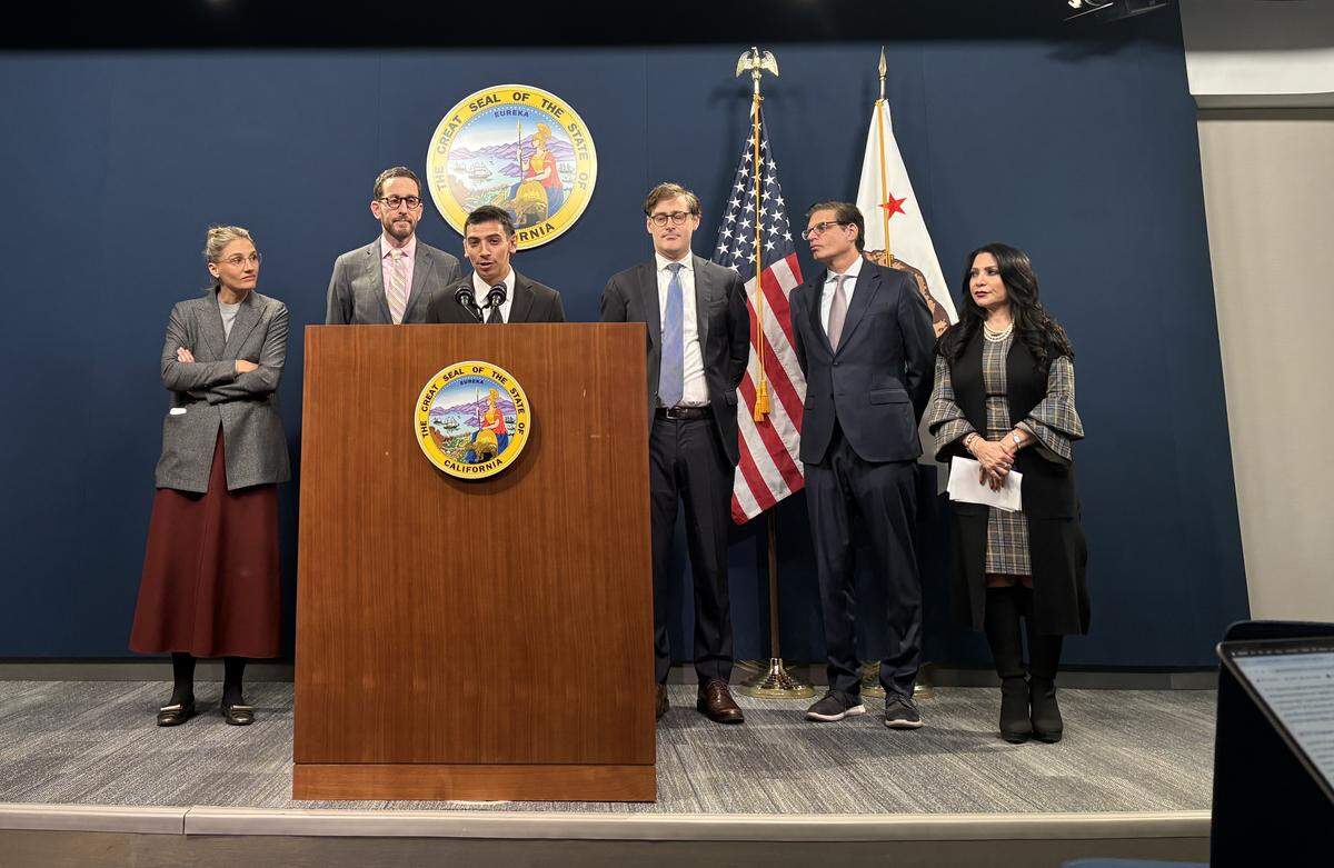 George Retes, a U.S. citizen who was detained by ICE in July while traveling to his job, speaks at a news conference in support of SB 747, otherwise known as the “No Kings Act,” on Jan. 13, 2026.