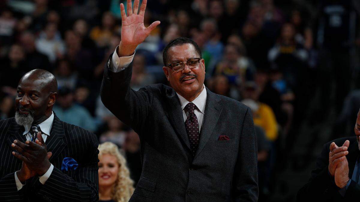 Retired Denver Nuggets center Wayne Cooper in the second half of an NBA basketball game Friday, Jan. 12, 2018, in Denver. The Nuggets won 87-78. (AP Photo/David Zalubowski)