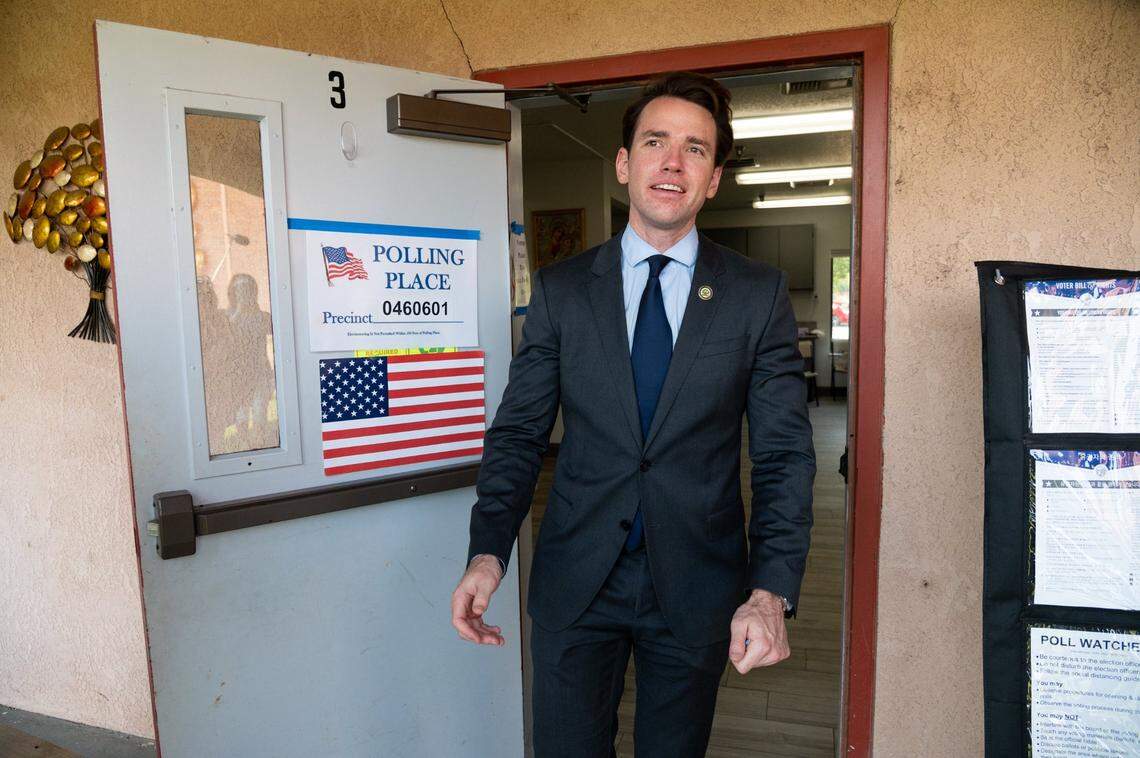 Assemblyman Kevin Kiley, R-Rocklin, leaves St. Mary Coptic Orthodox Church after he cast his recall ballot on Tuesday.