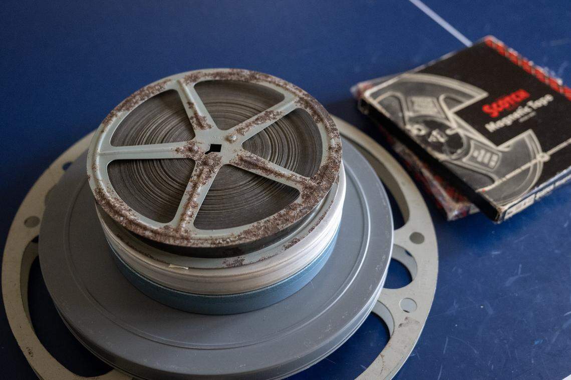 Sixteen-millimeter film from Scott Gordon’s archive of table tennis star Marty Reisman rests on a competitive table earlier this month in Carmichael. 