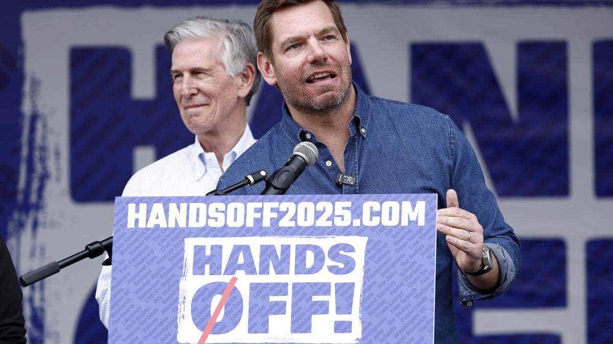 WASHINGTON, DC - APRIL 05: Rep. Eric Swalwell (D-CA) speaks during the Hands Off! day of action against the Trump administration and Elon Musk on April 05, 2025 in Washington, DC. (Photo by Paul Morigi/Getty Images for Community Change Action)