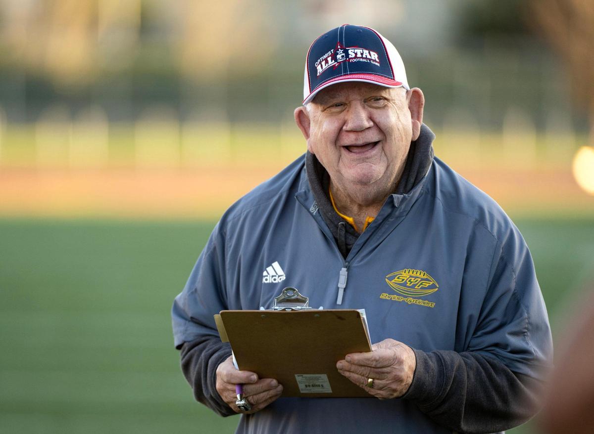 Coach Max Miller leads practice ahead of the 63rd Optimist All-Star Football Classic charity game at Hughes Stadium in Sacramento in 2023. Miller coached at Rio Americano, Johnson and Cordova, and his 264 wins are second most for any Sacramento-area coach. 