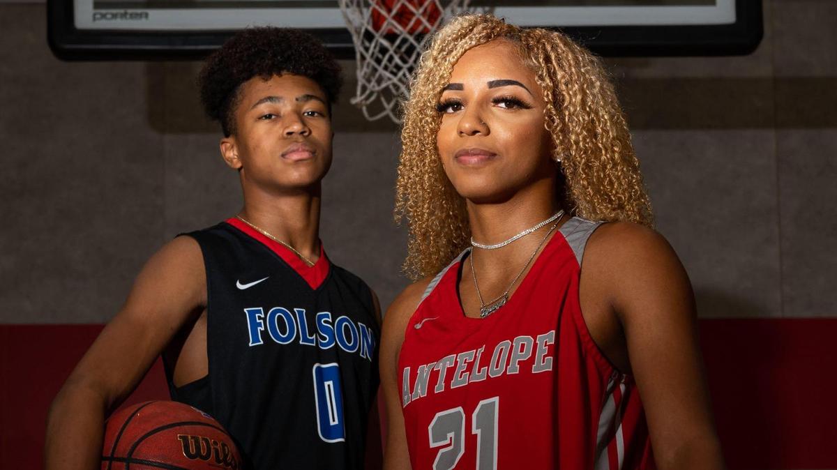The Bee’s Best Basketball Players of the Year, Jzaniya Harriel of Antelope High School, right, and Jaylen Wells of Folsom High School, are photographed June 17, 2021, in Folsom.