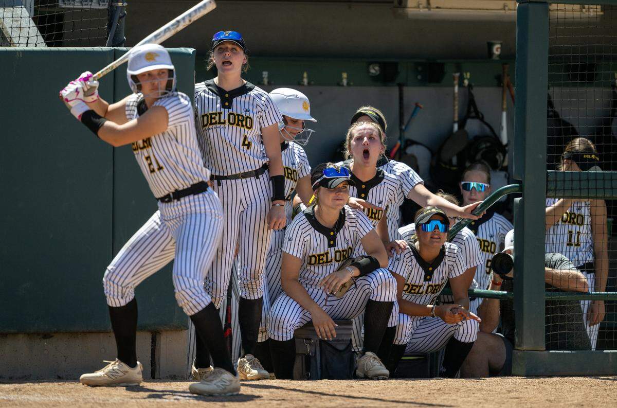 The Del Oro Golden Eagles bench watches in the bottom of the seventh inning against the Destiny Christian Academy Lions on Saturday, May 23, 2026, in the CIF Sac-Joaquin Section Division II softball championship at Sacramento State.