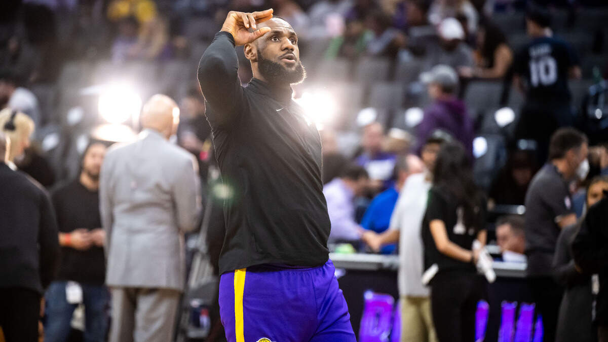 Los Angeles Lakers forward LeBron James (6) warms up before the Sacramento Kings NBA basketball game Saturday, Jan. 7, 2023, at Golden 1 Center in Sacramento.