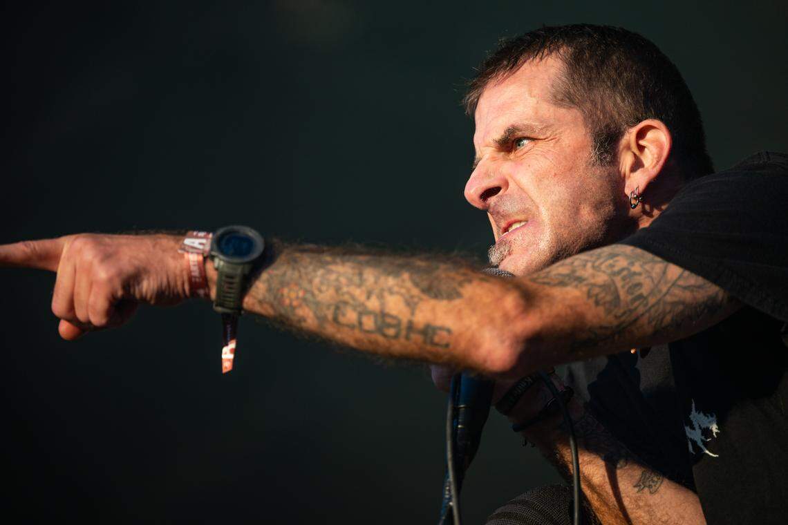 Lamb of God vocalist Randy Blythe performs for the heavy metal band during the Aftershock festival on Friday, Oct. 3, 2025, in Discovery Park in Sacramento.  