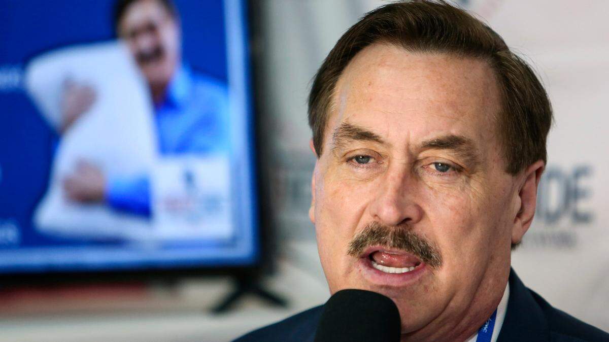 Founder and CEO of MyPillow Mike Lindell gives an interview with Right Side Broadcasting Network at the Conservative Political Action Conference in Orlando, Fla., on Feb. 28, 2021.