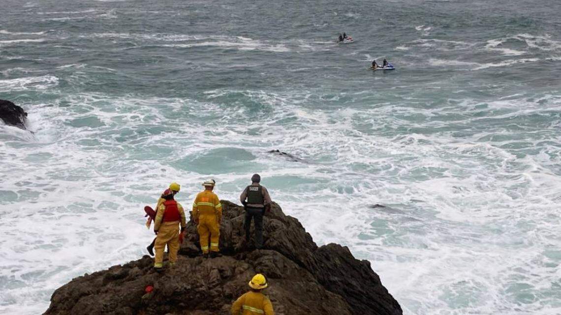 A 45-year-old Southern California man drowned Saturday after falling from rocks into heavy surf on a family visit to Mendocino Big River Headlands State Park.