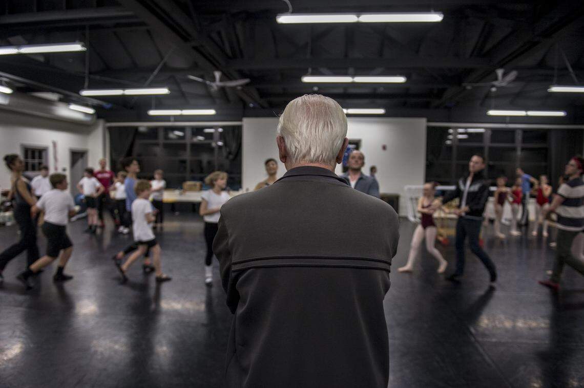 Sacramento Ballet Artistic Director Ron Cunningham works with children and professional dancers during a 2017 rehearsal of his final “Nutcracker” production.