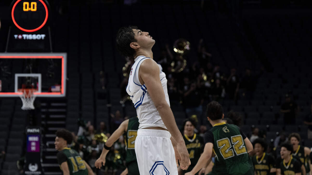 The Folsom Bulldogs' Joven Dulay (1) reacts at the end of the fourth quarter in the 58-55 loss to the Damien Spartans  in the CIF State Division I boys basketball championship Friday, March 13, 2026, at Golden 1 Center.