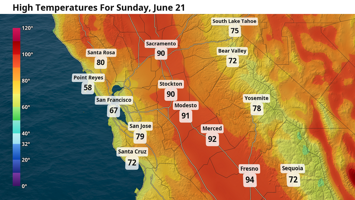 Forecast high temperatures for Sunday, June 21