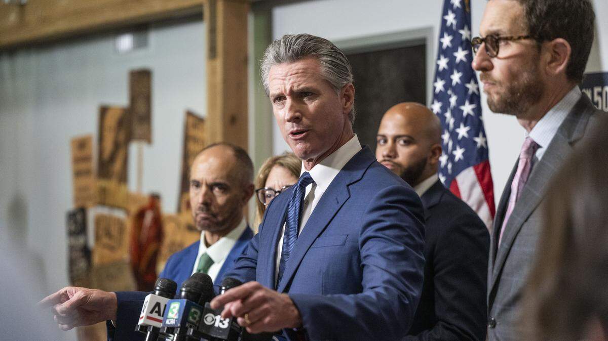 Gov. Gavin Newsom appears at news conference on Thursday, Aug. 21, 2025, at the California Democratic Party headquarters in Sacramento.