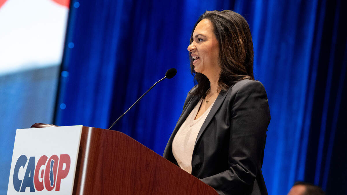 Corrin Rankin speaks at the spring organizing convention in Sacramento after being voted the new California Republican Party chairwoman Sunday.
